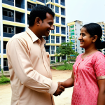 **Image Prompt:** A modern, professional Bangladeshi property dealer shaking hands with a happy client in front of a newly built apartment complex. The scene should convey trust, success, and the bright future of real estate in Bangladesh. Include elements of modern Dhaka architecture in the background.