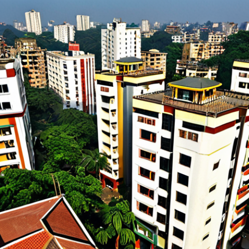 Home 6 **A bustling Dhaka neighborhood (Gulshan, Banani, Dhanmondi, or Uttara) showcasing a mix of modern apartment buildings and older, traditional houses. The image should convey a sense of high demand for property in a desirable location, focusing on good schools, hospitals, and modern amenities. Consider bright daylight and a slightly elevated perspective.**