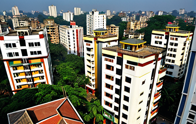 **A bustling Dhaka neighborhood (Gulshan, Banani, Dhanmondi, or Uttara) showcasing a mix of modern apartment buildings and older, traditional houses. The image should convey a sense of high demand for property in a desirable location, focusing on good schools, hospitals, and modern amenities. Consider bright daylight and a slightly elevated perspective.**